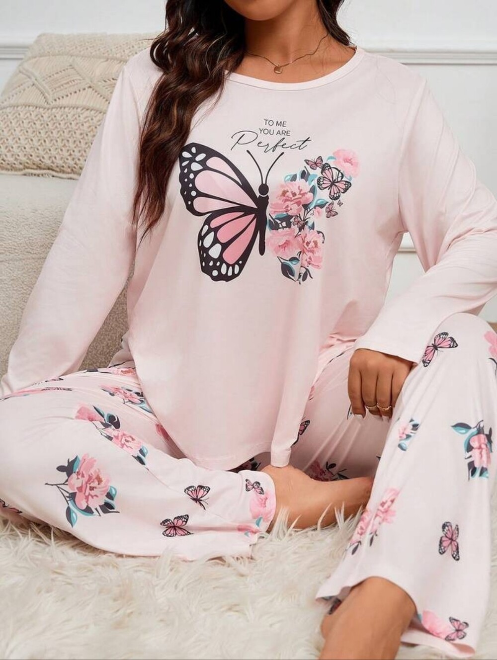 Women's Light Pink Butterfly Floral 2 Piece Pajama Set New